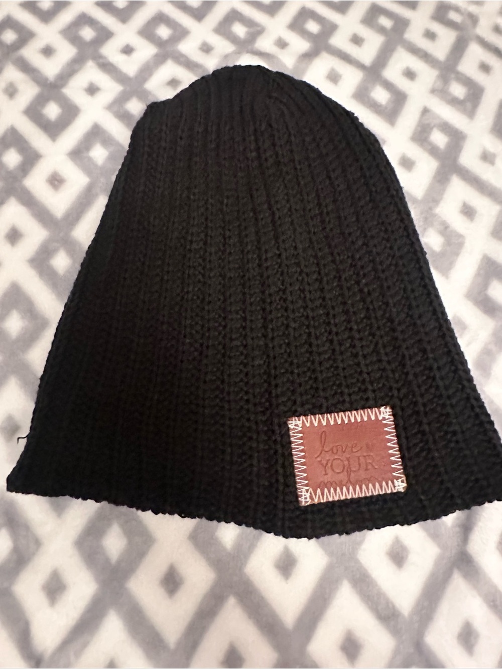 Love Your Melon Black Knit Beanie with Leather Patch -